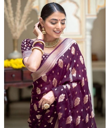 Women's Soft Lichi Silk Printed Saree With Unstitched Blouse 5.5Mtr (Purple) Women's Soft Lichi Silk Printed Saree With Unstitched Blouse 5.5Mtr (Purple)
