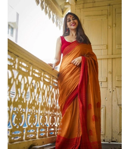 Women's Soft Lilan Printed Saree With Unstitched Blouse 5.5Mtr (Mustard )