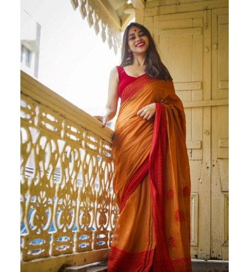 Women's Soft Lilan Printed Saree With Unstitched Blouse 5.5Mtr (Mustard )