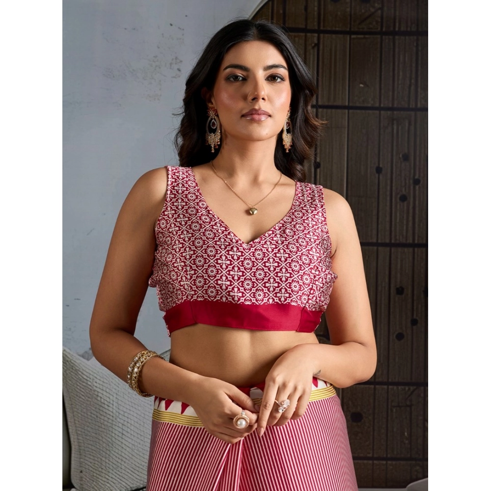 Women's Satin Crepe Printed Saree With Unstitched Blouse 5.5Mtr (Red)