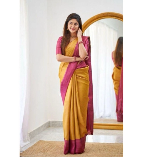 Women's Soft Lichi Silk Printed Saree With Unstitched Blouse 5.5Mtr (Mustard )