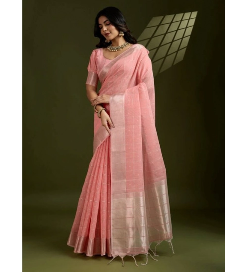 Women's Tissue Checks_With_Buttis Saree With Unstitched Blouse 5.5Mtr (Peach)