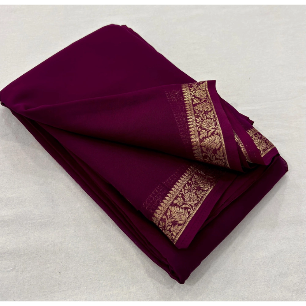 Women's Crepe Chit Pallu Solid Saree With Unstitched Blouse 5.5Mtr (Wine) Women's Crepe Chit Pallu Solid Saree With Unstitched Blouse 5.5Mtr (Wine)