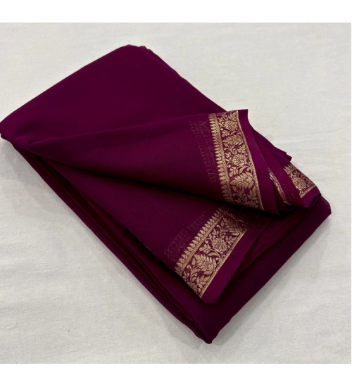 Women's Crepe Chit Pallu Solid Saree With Unstitched Blouse 5.5Mtr (Wine)