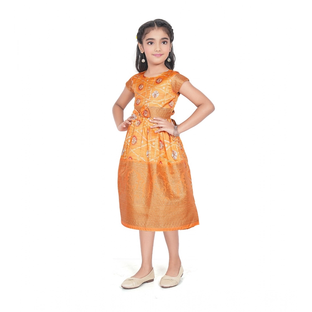 Girl's Brocket Silk Printed Short Sleeve Round Neck Dress (Orange)