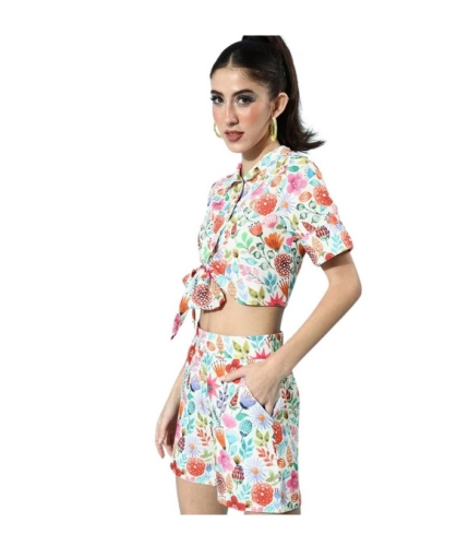 Women's Polyester Floral Short Sleeve Co-Ord Set (Multicolor)