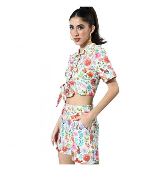 Women's Polyester Floral Short Sleeve Co-Ord Set (Multicolor)
