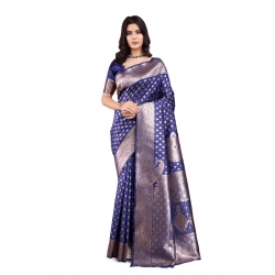 Women's Banarasi Silk Printed Saree With Unstitched Blouse 5.5Mtr (Blue)