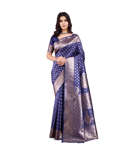 Women's Banarasi Silk Printed Saree With Unstitched Blouse 5.5Mtr (Blue)