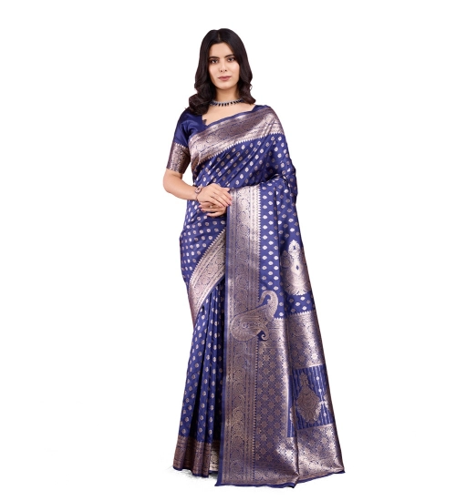 Women's Banarasi Silk Printed Saree With Unstitched Blouse 5.5Mtr (Blue)