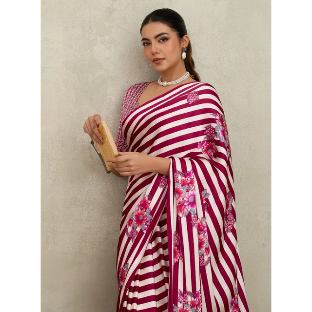 Women's Satin Crepe Printed Saree With Unstitched Blouse 5.5Mtr (Maroon)