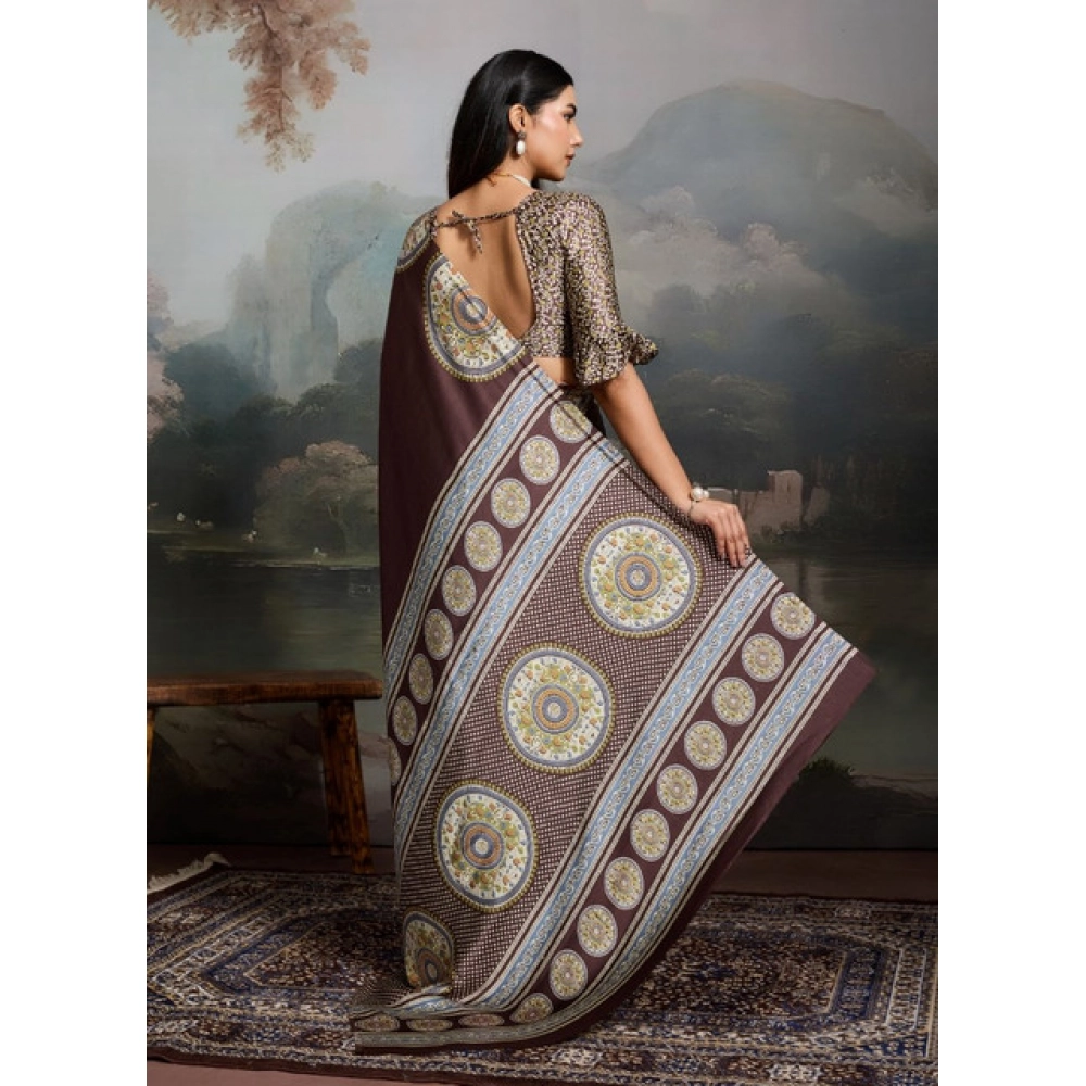 Women's Satin Crepe Printed Saree With Unstitched Blouse 5.5Mtr (Brown)