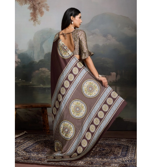Women's Satin Crepe Printed Saree With Unstitched Blouse 5.5Mtr (Brown)