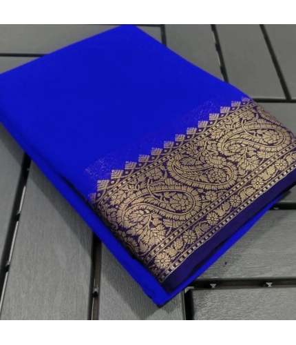 Women's Crepe Chit Pallu Solid Saree With Unstitched Blouse 5.5Mtr (Navy Blue)