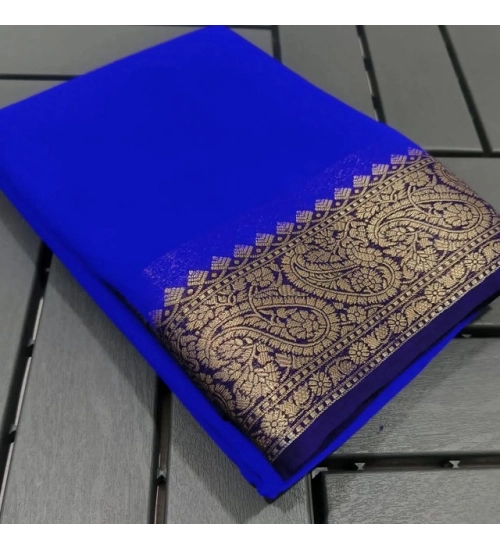 Women's Crepe Chit Pallu Solid Saree With Unstitched Blouse 5.5Mtr (Navy Blue)