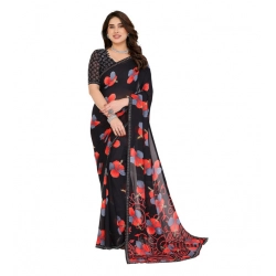 Women's Georgette Printed Saree With Unstitched Blouse 5.5Mtr (Black)