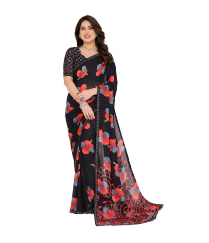 Women's Georgette Printed Saree With Unstitched Blouse 5.5Mtr (Black)