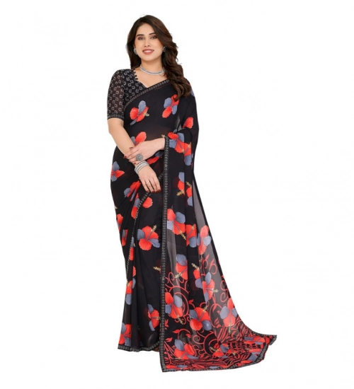 Women's Georgette Printed Saree With Unstitched Blouse 5.5Mtr (Black)