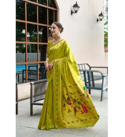 Women's Silk Blend Paithani Weaving Saree With Unstitched Blouse 5.5Mtr (Lime-Green)