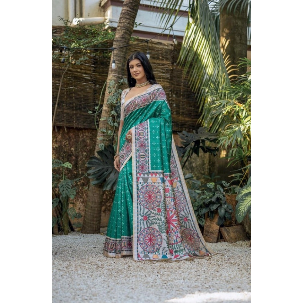 Women's Faux_Tussar Geometric_Print Saree With Unstitched Blouse 5.5Mtr (Rama_Green) Women's Faux_Tussar Geometric_Print Saree With Unstitched Blouse 5.5Mtr (Rama_Green)