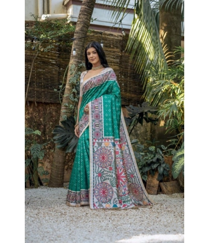 Women's Faux_Tussar Geometric_Print Saree With Unstitched Blouse 5.5Mtr (Rama_Green)