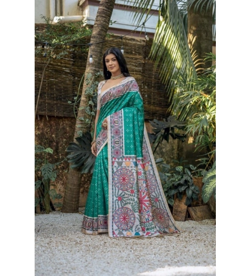 Women's Faux_Tussar Geometric_Print Saree With Unstitched Blouse 5.5Mtr (Rama_Green)