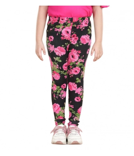 Girl's Cotton Lycra Floral Elasticated Jeggings (Black-Pink)