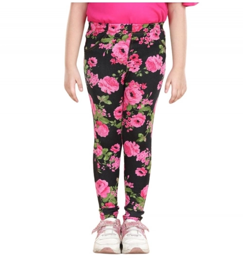 Girl's Cotton Lycra Floral Elasticated Jeggings (Black-Pink) Girl's Cotton Lycra Floral Elasticated Jeggings (Black-Pink)