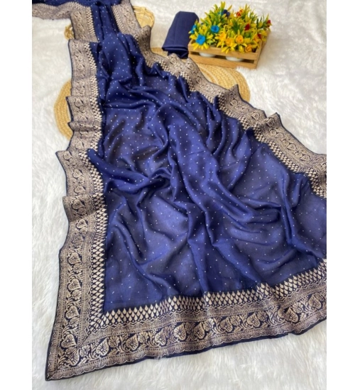 Women's Silk Embroidred Saree With Unstitched Blouse 5.5Mtr (Blue)
