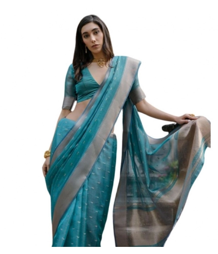 Women's Silk_Blend Butti Pattern Saree With Unstitched Blouse 5.5Mtr (Teal)