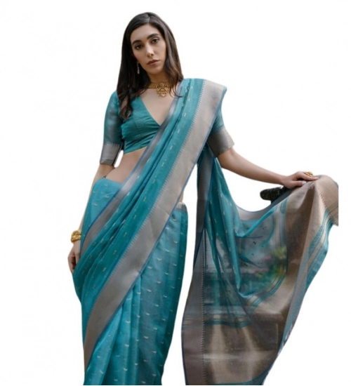 Women's Silk_Blend Butti Pattern Saree With Unstitched Blouse 5.5Mtr (Teal)
