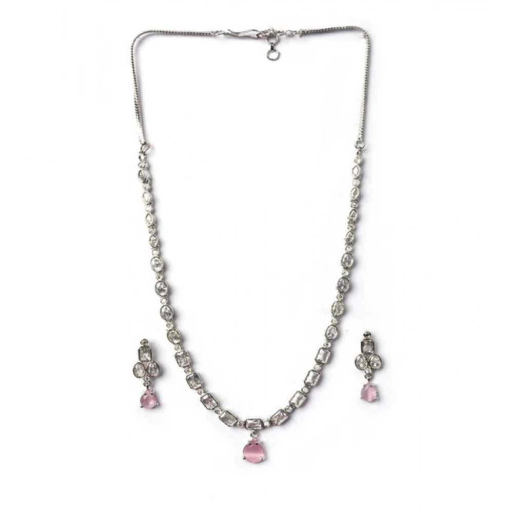 Women's Brass Silver Plated Necklace set (Pink)