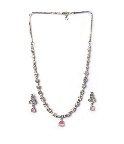 Women's Brass Silver Plated Necklace set (Pink)