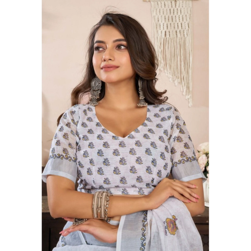 Women's Linen Cotton Printed Ready To Wear Saree With Unstitched Blouse 5.5 Mtr (Off_White)
