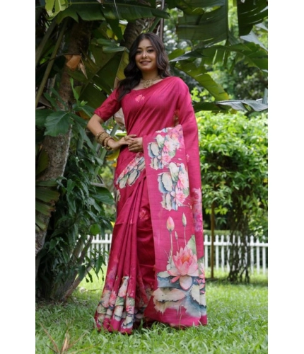 Women's Faux_Tussar Floral Saree With Unstitched Blouse 5.5Mtr (Pink)