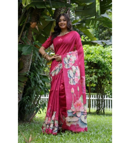 Women's Faux_Tussar Floral Saree With Unstitched Blouse 5.5Mtr (Pink)