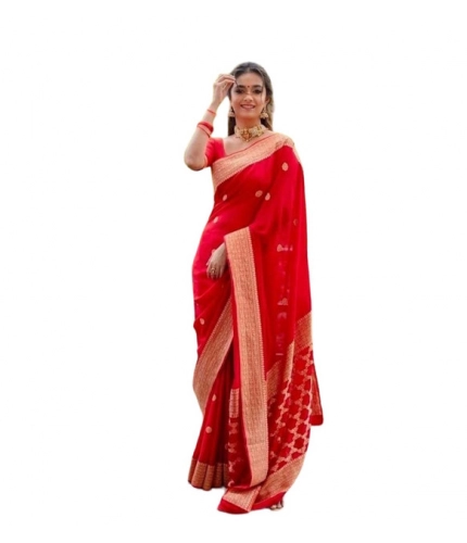Women's Litchi silk Printed Saree With Unstitched Blouse (Red)