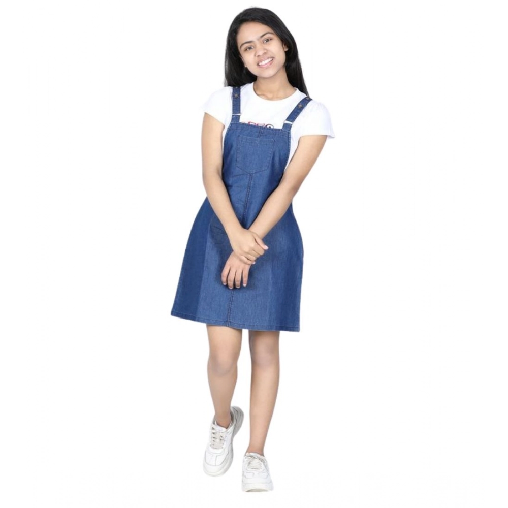 Girl's Denim Solid Sleeveless Dress (Blue) Girl's Denim Solid Sleeveless Dress (Blue)
