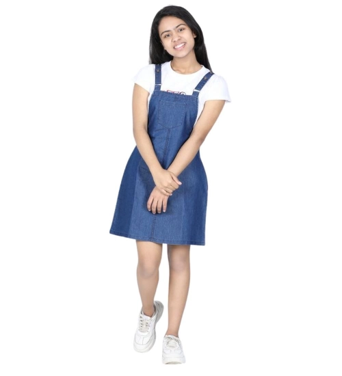 Girl's Denim Solid Sleeveless Dress (Blue)