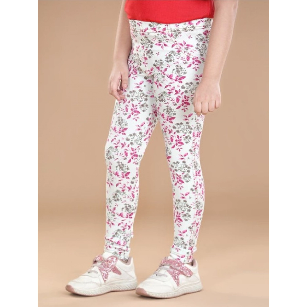 Girl's Cotton Lycra Floral Elasticated Jeggings (White-Pink) Girl's Cotton Lycra Floral Elasticated Jeggings (White-Pink)