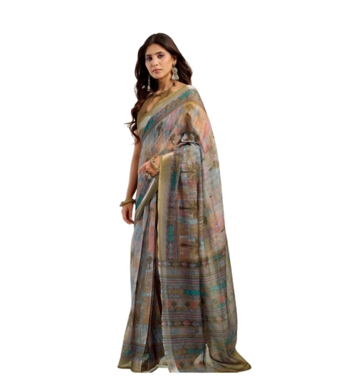 Women's Linen Cotton Printed Ready To Wear Saree With Unstitched Blouse 5.5 Mtr (Multicolor)