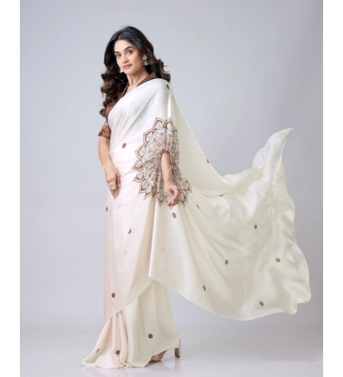 Women's Soft Crepe Silk Printed Ready To Wear Saree With Unstitched Blouse 5.5Mtr (Off White)