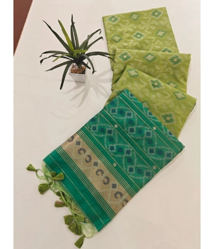 Women's Raw Silk Ikkat Saree With Unstitched Blouse 5.5Mtr (Green)