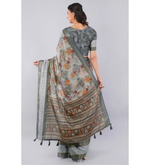 Women's Polyester Printed Ready To Wear Saree With Unstitched Blouse 5.5 Mtr (Light Grey)