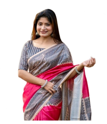 Women's Faux_Tussar Geometric_Print Saree With Unstitched Blouse 5.5Mtr (Pink) Women's Faux_Tussar Geometric_Print Saree With Unstitched Blouse 5.5Mtr (Pink)