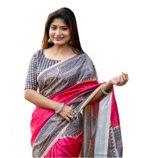 Women's Faux_Tussar Geometric_Print Saree With Unstitched Blouse 5.5Mtr (Pink)