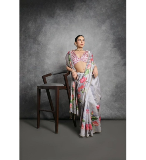 Women's Cotton Printed Saree With Unstitched Blouse 5.5 Mtr (Grey)
