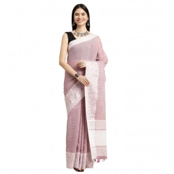 Women's Linen Printed Saree With Unstitched Blouse 5.5Mtr (Purple)