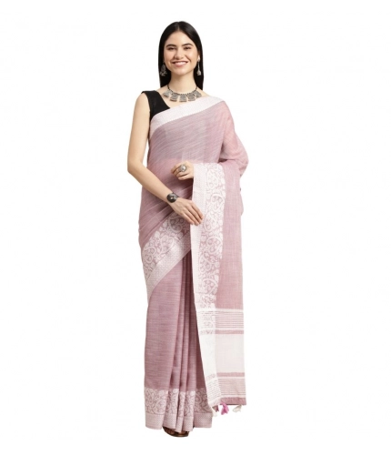 Women's Linen Printed Saree With Unstitched Blouse 5.5Mtr (Purple)
