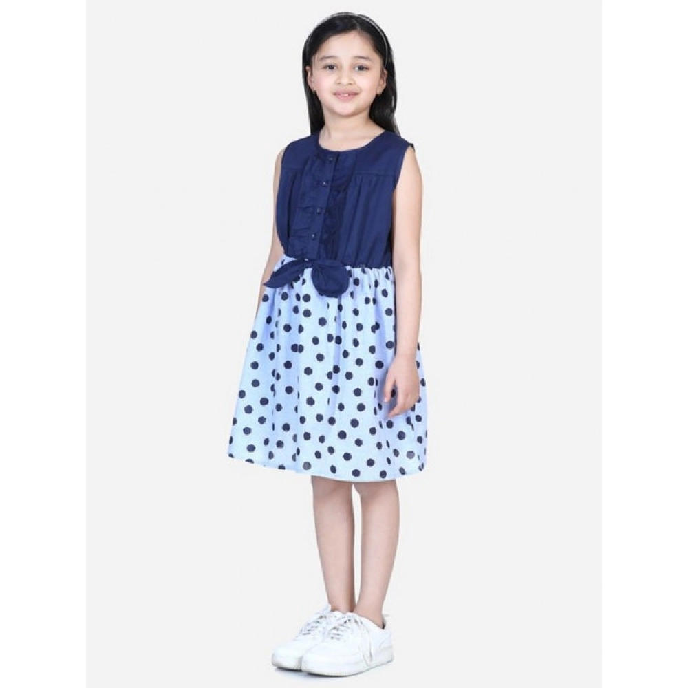 Girl's Denim Polka Sleeveless Dress (Blue) Girl's Denim Polka Sleeveless Dress (Blue)